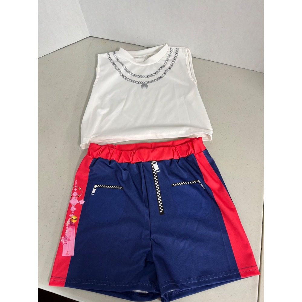 Kids Hip Hop Dance Set White Chain Print Top‎ Navy Red Shorts Size 150 (Y10/12)